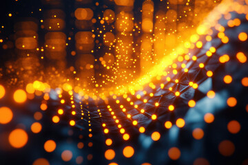 Fototapete - Abstract digital wave with glowing orange particles and dark background, representing data flow and network connections.