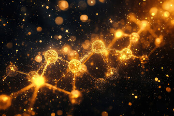 Fototapete - Golden glowing molecular structure, abstract science background.  Elegant and luxurious design.
