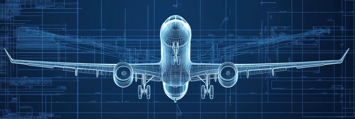 Fototapete - Technical blueprints illustrating the design and structure of an advanced airplane model under a blueprint background. Generative AI