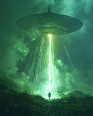 Wall Mural - The UFO flying saucer releases a dazzling green be_007