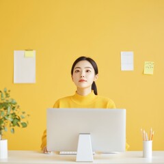Leinwandbilder - Intelligent Workspace Design Young South Korean Professional at Minimalist Standing Desk in Open Office - Enhancing Productivity and Team Building in Digital Workspaces