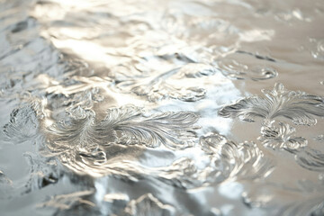 Fototapete - Close-up of silver fabric with embossed floral damask pattern, showing texture and light reflections.