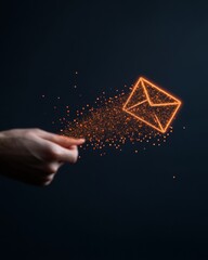 Fototapete - Dynamic Neon Hand Lettering of Email Icon and Digital Particles - Innovative Communication Content and Tech Marketing Visuals for Digital Connectivity