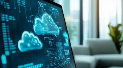 Fototapete - Futuristic Office Display Interactive Digital Screen with Weather Radar and Animated Graphics - Smart Business Technology for Enhanced Workplace Collaboration