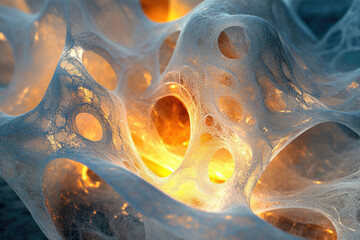 Leinwandbilder - Intricate, glowing web-like structure with holes, resembling a network or porous material.