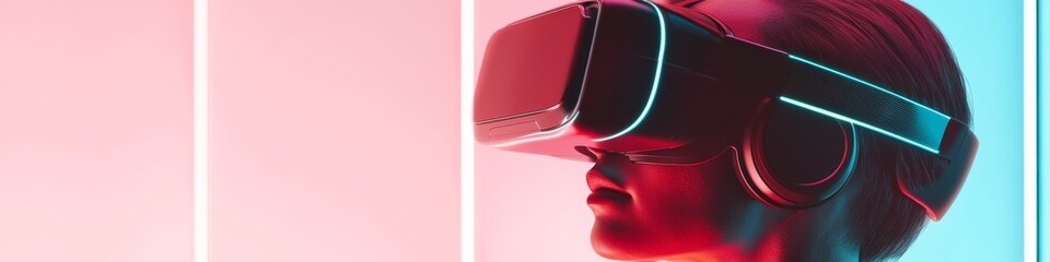 Leinwandbilder - Futuristic VR Headgear Sleek Neon Design in Pastel Pink - Immersive Tech for Gaming and Virtual Interactions in Youthful Digital Worlds