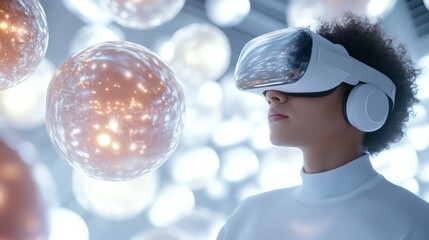 Fototapete - Futuristic VR Experience Young Man Engages with AI Holograms in Iridescent Space - Metallic Textures for Immersive Tech and Digital Marketing Innovations
