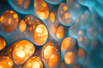 Poster - Abstract image of a textured surface with glowing orange circles, resembling a cellular structure or futuristic design.