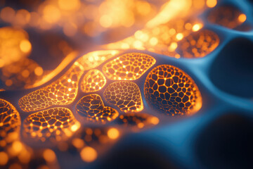Aufkleber - Abstract image of glowing orange network pattern on a dark blue background, resembling a microscopic structure or neural network.