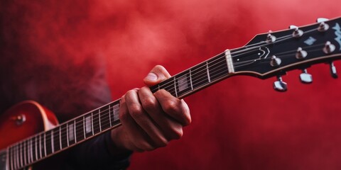Fototapete - Contemporary Music Performance Close-Up of Guitarists Hands on Strings with Vibrant Lighting - Dynamic Visuals for Entertainment Venue Marketing and Talent Promotion