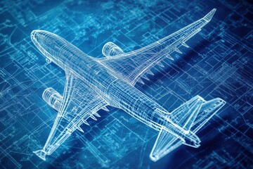 Fototapete - Technical blueprints showcasing the detailed design and structure of an airplane model against a blue backdrop. Generative AI