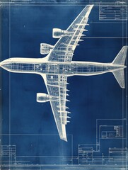 Fototapete - Technical blueprints showcasing the design and structure of a commercial airplane in a detailed and precise manner. Generative AI