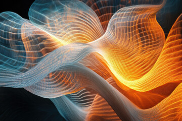 Poster - Abstract digital art depicting flowing, luminous, interwoven strands of light in orange and blue.