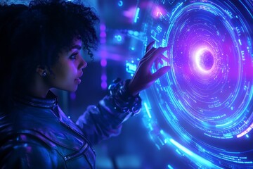 Poster - Neon Holographic Interface Black Female Engineer Exploring Solar System Model - Futuristic Tech Lab for Aerospace Innovation and Digital Marketing