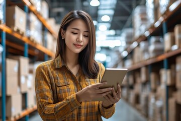 Fototapete - Contemporary E-commerce Success Asian Entrepreneur, Mid-30s, Manages Inventory on Tablet in Industrial Warehouse Streamlined Supply Chain and Digital Growth Strategy