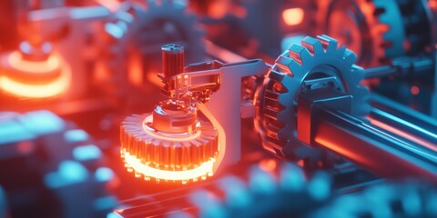 Fototapete - Futuristic Industrial Automation Illuminated Machine Gears in Red and Blue - Advanced Robotics and Smart Manufacturing for Modern Production Efficiency