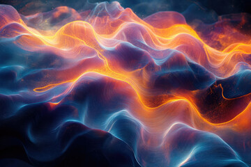 Fototapete - Abstract digital landscape with flowing, luminous waves of orange and blue.