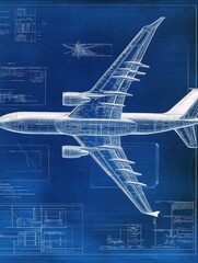Fototapete - Technical blueprints showcasing the intricate design and structure of an airplane from various perspectives. Generative AI