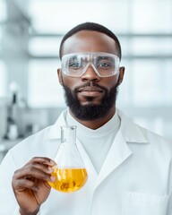 Poster - Lab-Focused Eco Fuel Development African Scientist in High-Tech Laboratory Holding Biofuel Beaker - Sustainable Energy Innovation and Commercial Environmental Solutions
