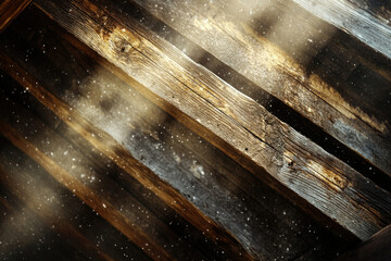 Fototapete - Rustic wooden beams, aged texture with light beams and dust particles.
