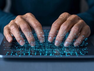 Poster - Futuristic Cybersecurity Graphic Network Administrator Typing on Sleek Laptop with Circuit Board Overlay - Advanced Digital Protection for Tech Industry Marketing and Infrastructure