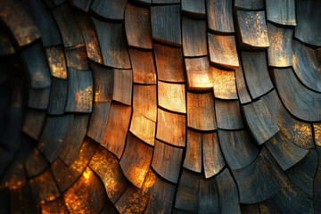Aufkleber - Intricate wooden mosaic pattern with warm, glowing highlights creating a textured, artistic effect.