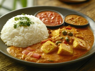 Wall Mural - A plate of food with rice, meat, and sauce. The plate is on a wooden table