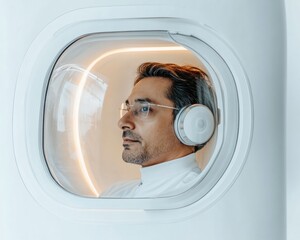 Poster - Futuristic Workspace Pod Minimalist White Acrylic Micro Office with Smart Tech - Productivity Hub for Remote Work and Innovation in Modern Business Environments