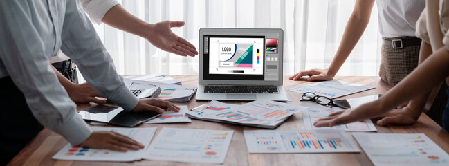 Poster - Graphic designer software for modern design of web page and commercial brisk ads showing on the computer screen