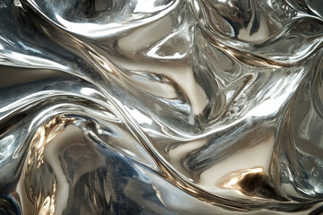 Fototapete - Abstract image of wavy, reflective, metallic silver surface, showcasing texture and light reflections.