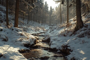 Wall Mural - A snow-covered stream with trees in the background. The water is still and calm, and the snow is piled up on the ground. The scene is peaceful and serene, with the sun shining through the trees