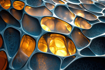 Aufkleber - Abstract 3D render of a metallic, biomorphic structure with glowing orange interiors.
