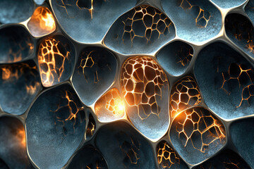 Poster - Abstract 3D render of interconnected, cracked, metallic organic shapes with glowing golden veins.