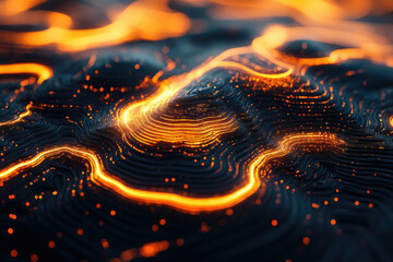 Fototapete - Abstract 3D rendering of glowing orange lines forming undulating waves on a dark background.