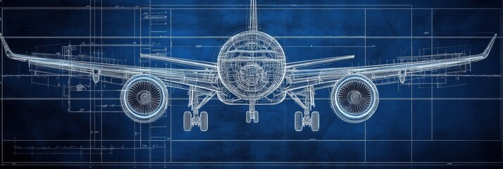 Fototapete - Technical blueprints showcase detailed design of airplane structures and components for engineering analysis and study. Generative AI