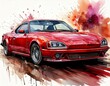 © AlmerGungor - Red sports car in classic style. Fast auto watercolor illustration, artistic colorful background, speed and transportation concept. Transport, vehicle, automobile art.