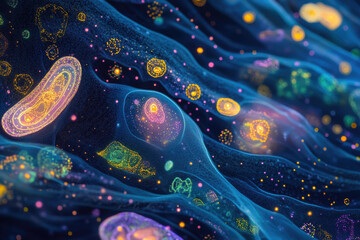 Fototapete - Abstract artwork depicting vibrant, glowing cellular structures, resembling a microscopic universe.