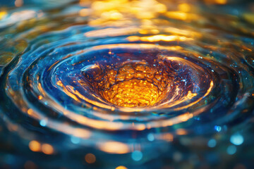 Fototapete - A mesmerizing whirlpool of blue and gold water, creating concentric ripples and a radiant vortex.