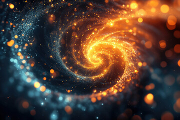 a mesmerizing spiral of vibrant orange and blue particles, swirling in a cosmic dance of light and e