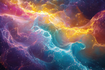 Fototapete - Abstract cosmic landscape with vibrant, swirling nebulae in shades of purple, teal, and gold.