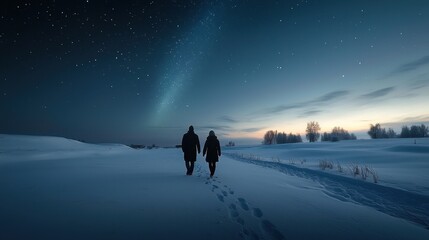 Wall Mural - Two people walking in the snow, one of them is holding a camera
