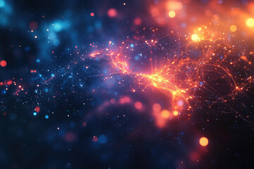 Poster - Abstract cosmic network with glowing nodes and connections, vibrant colors and bokeh effect.