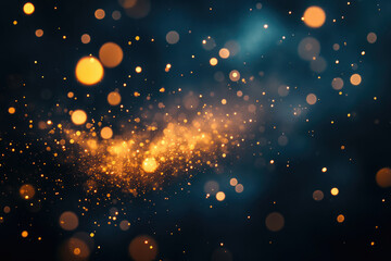 Aufkleber - Abstract image of glittering golden particles on dark blue background, creating a magical, festive atmosphere.