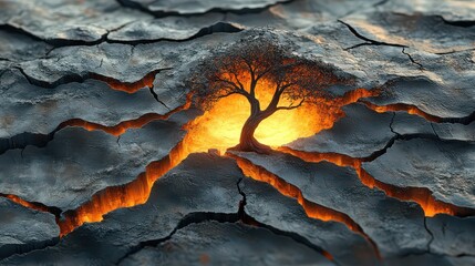 Poster - Resilient tree amidst fiery cracked earth; climate change