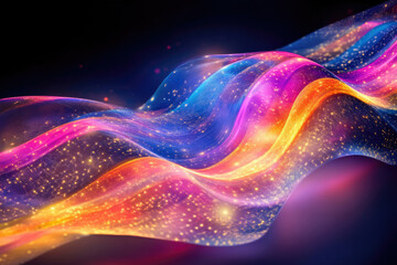 Poster - Abstract cosmic wave, vibrant colors, glittering particles, flowing energy, dynamic design.