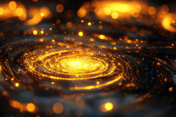 Aufkleber - Golden spiral galaxy swirling with bright lights and bokeh effects in dark space.