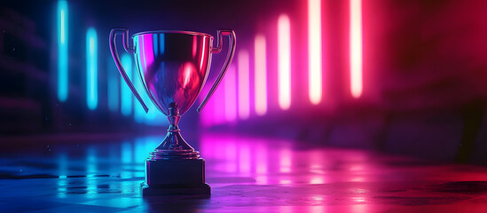 Wall Mural - neon trophy illuminated in vibrant colors creating a fantasy atmosphere with space for customized te