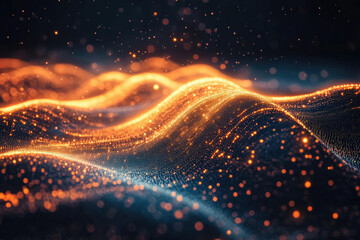 Aufkleber - Abstract digital landscape of glowing particles forming undulating waves in dark space.