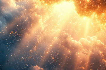 Aufkleber - Golden celestial clouds with sparkling stars and radiant light beams, creating a heavenly scene.