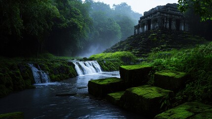 Wall Mural - A lush green forest with a waterfall and a stone structure in the background